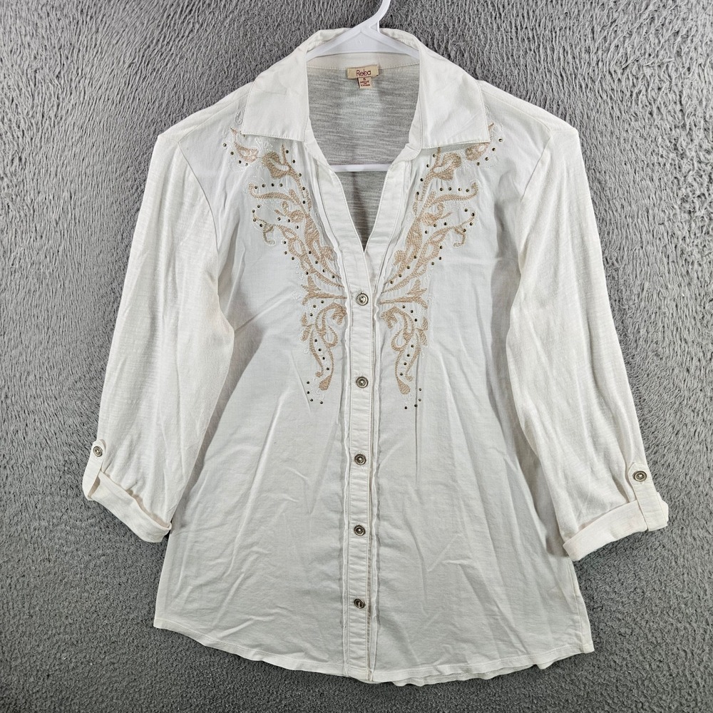 Reba Womens White Cotton Embroidered Studded Button Front Top Small 3/4 Sleeve